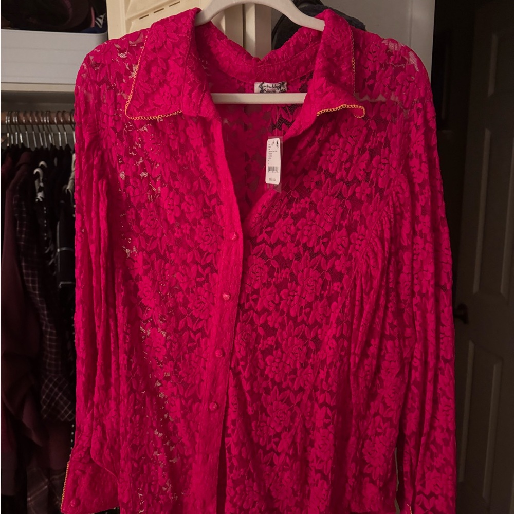 Free People Lace Button-Up Top - Hot Pink